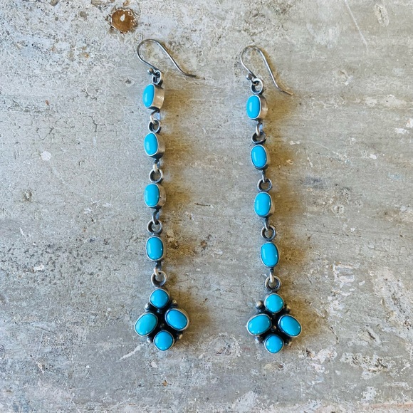 ♥️ Navajo ♥️ Eleanor Largo Sterling Silver & Kingman Turquoise Earrings - Picture 4 of 10